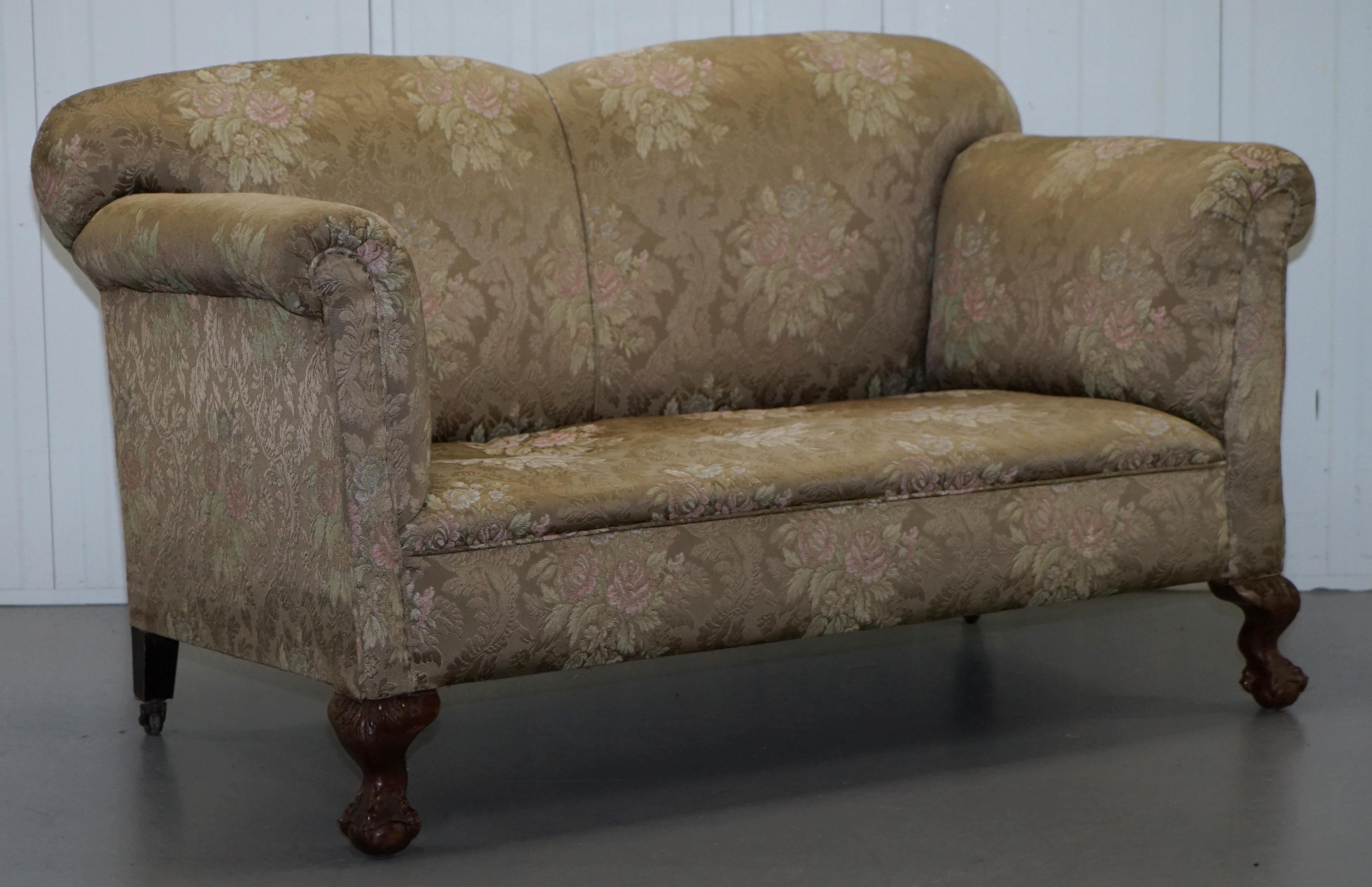 Victorian Three Piece Suite Drop Arm Sofa & Pair of Armchairs Claw and Ball Feet 4