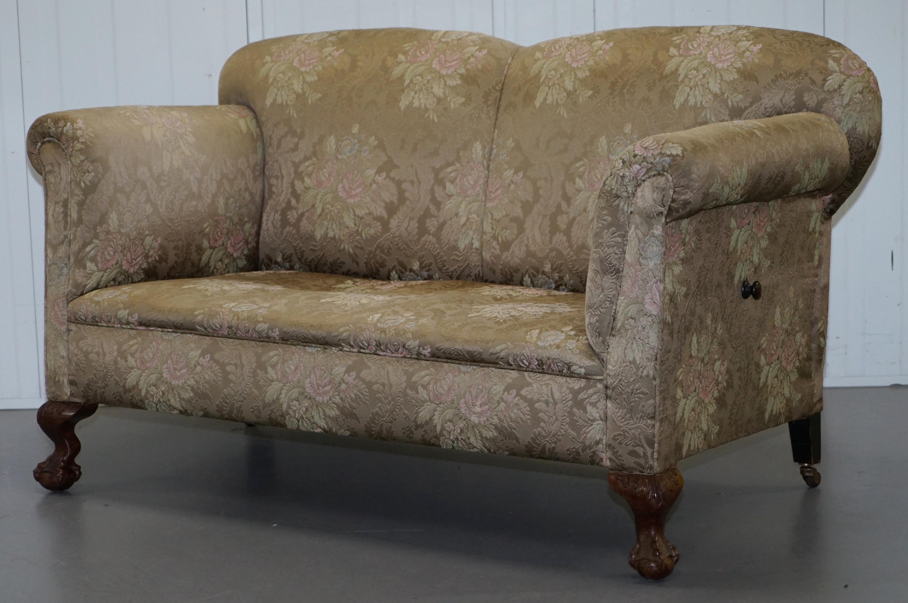 Victorian Three Piece Suite Drop Arm Sofa & Pair of Armchairs Claw and Ball Feet 6