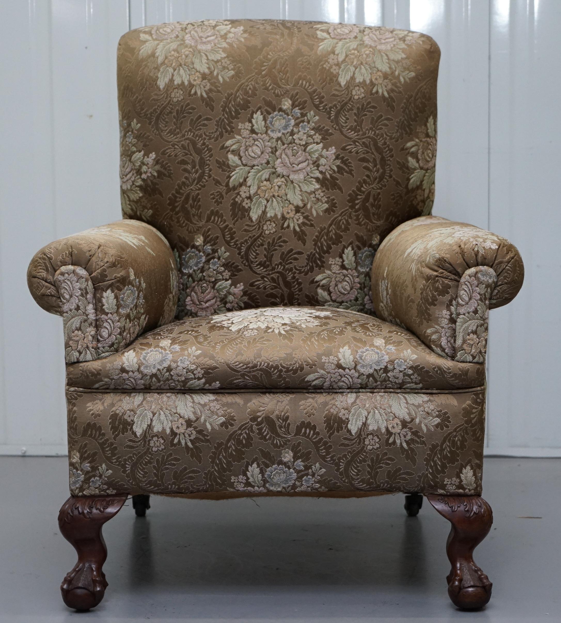 English Victorian Three Piece Suite Drop Arm Sofa & Pair of Armchairs Claw and Ball Feet