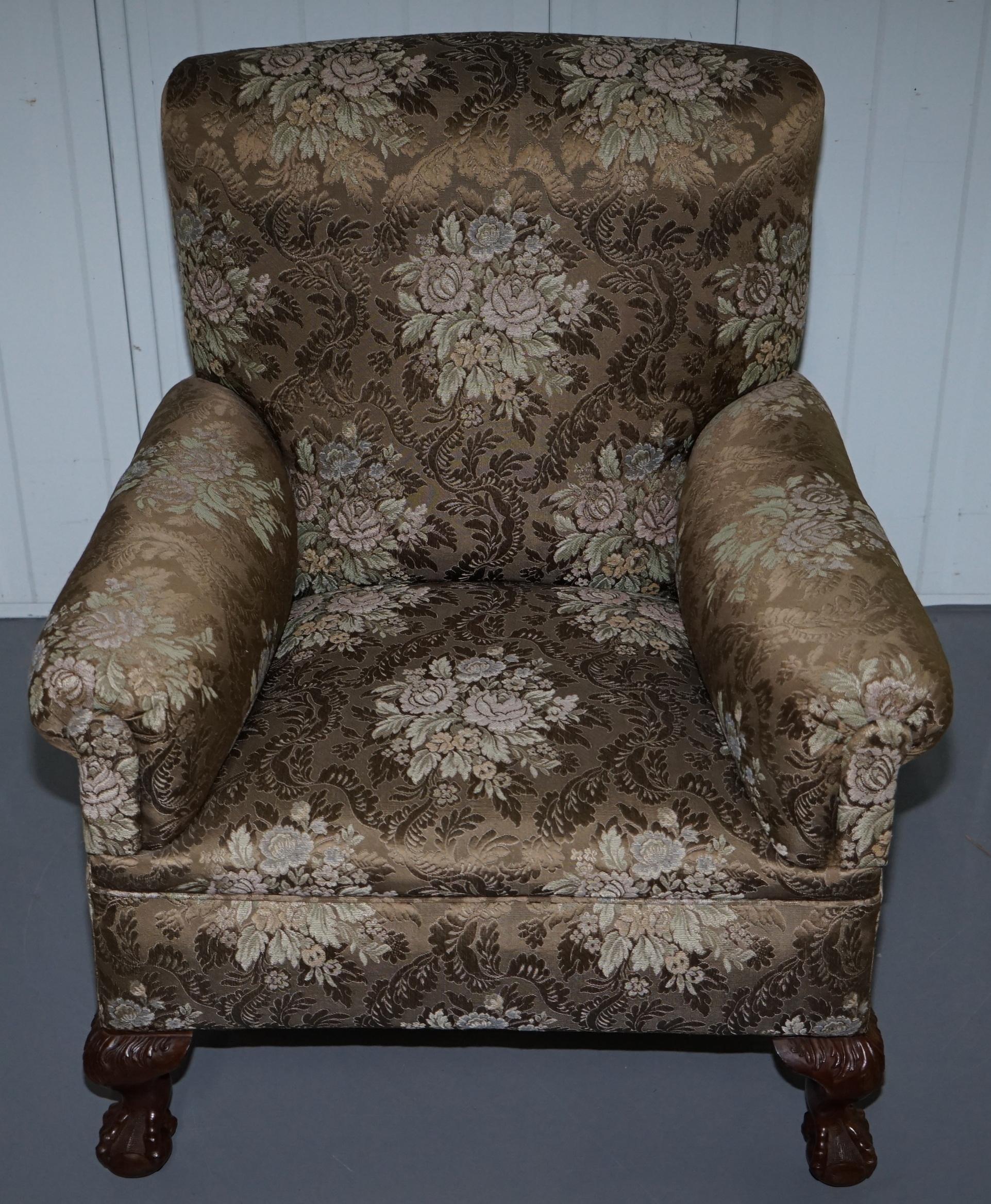 Victorian Three Piece Suite Drop Arm Sofa & Pair of Armchairs Claw and Ball Feet 2