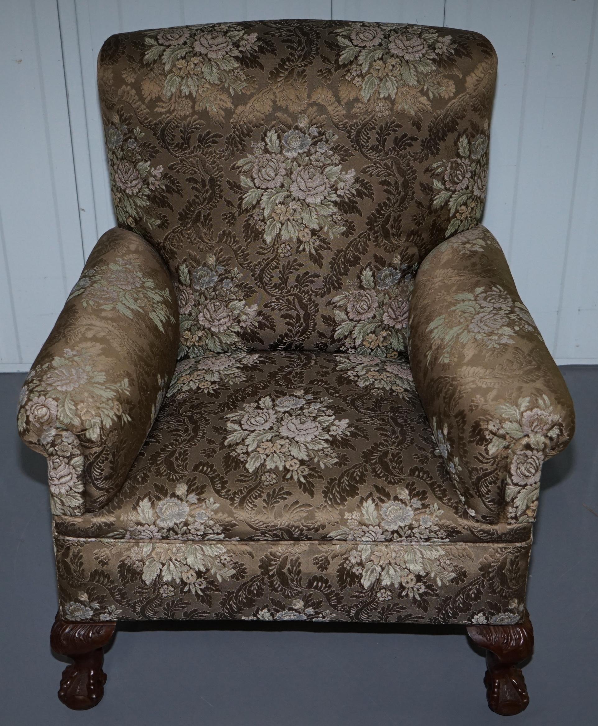 Victorian Three Piece Suite Drop Arm Sofa & Pair of Armchairs Claw and Ball Feet 3