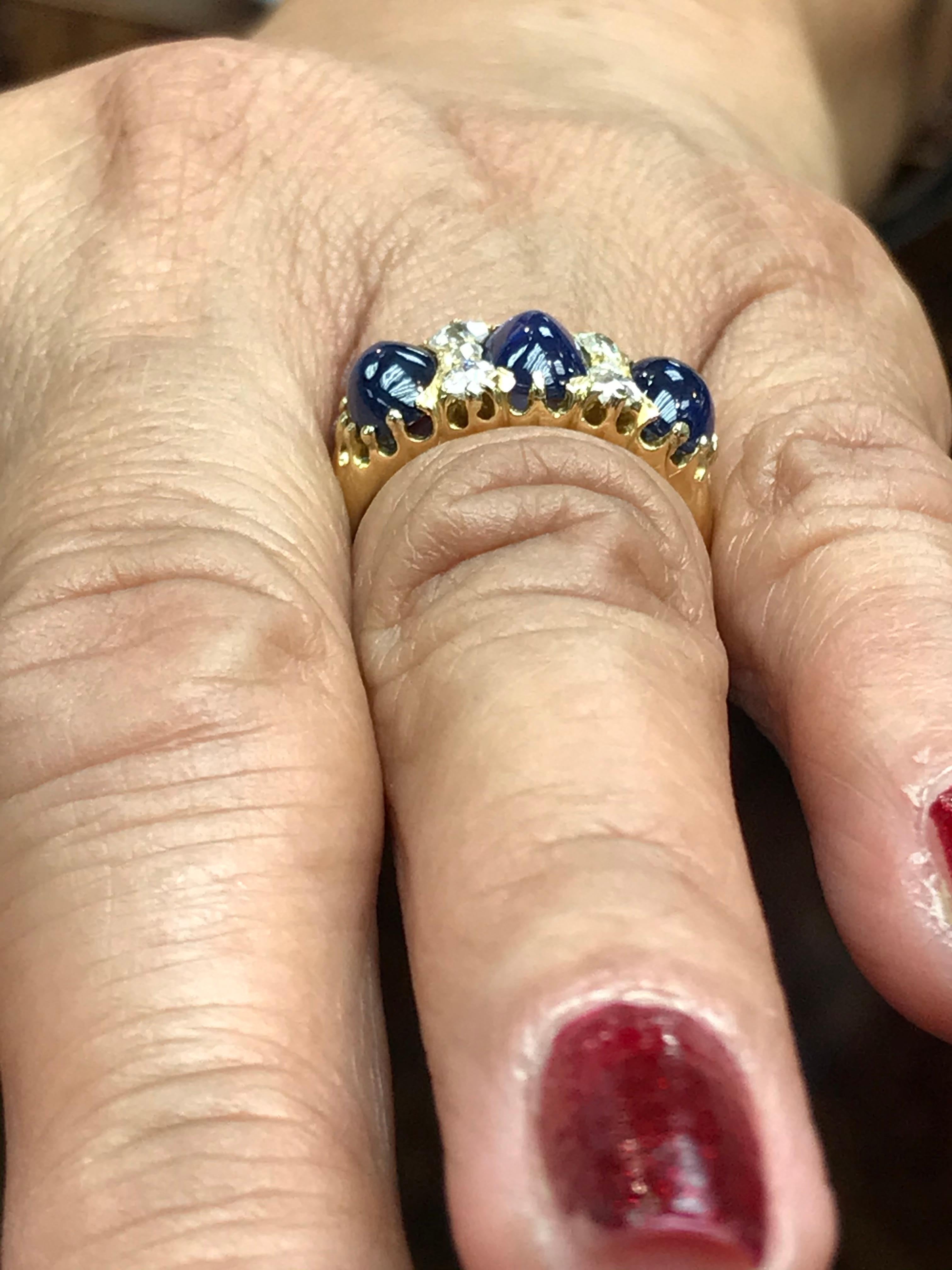 Victorian Three-Stone Cabochon Sapphire Diamond Yellow Gold Ring 2