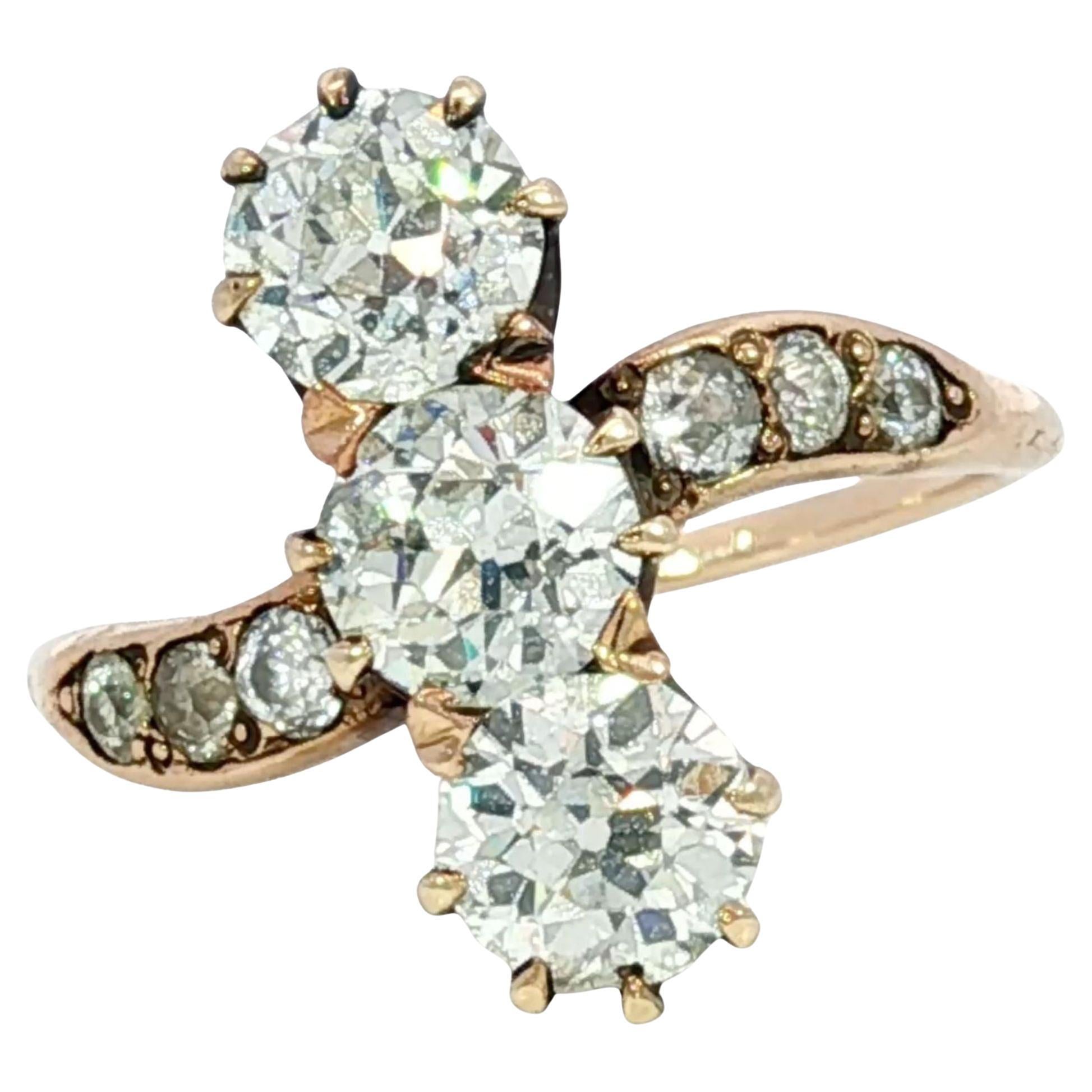 Antique Three Stone Diamond Ring Old Mine ~2.4ctw 14K Yellow Gold Size 7.5 For Sale
