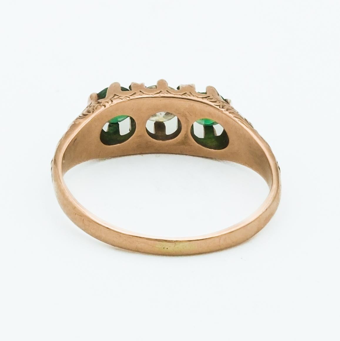 Round Cut Victorian Three Stone Emerald and Diamond 10 Karat Rose Gold Antique Ring For Sale