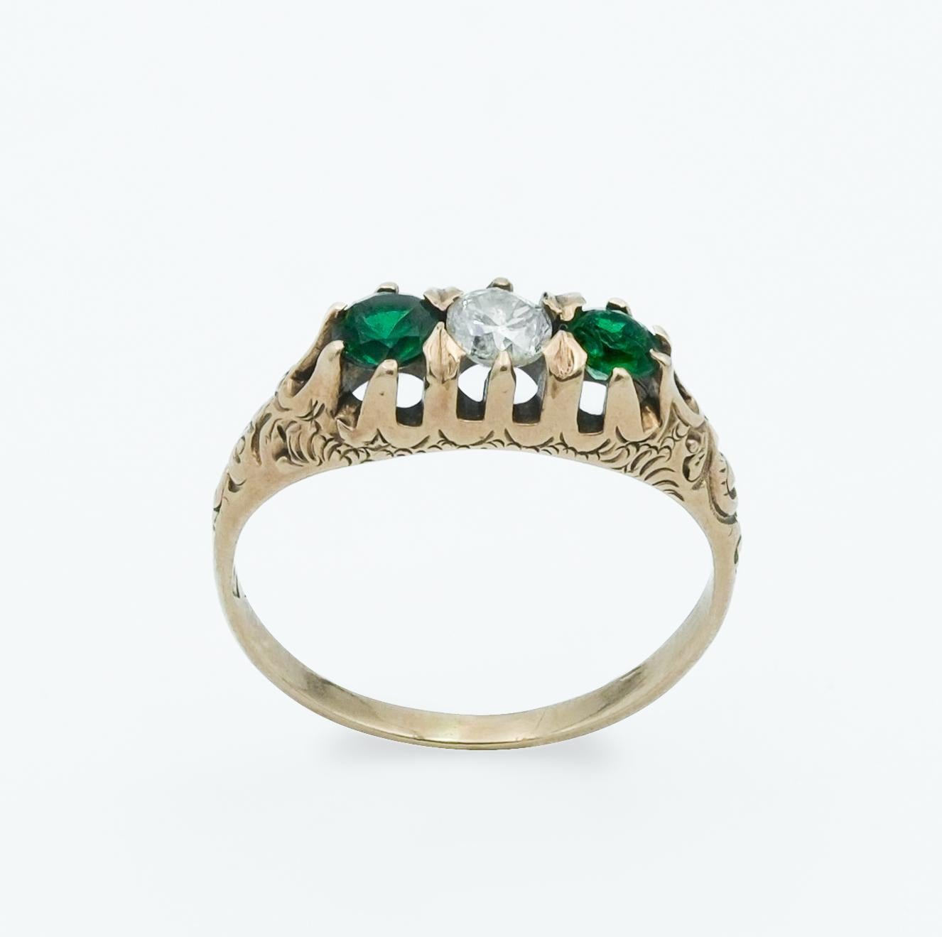 Women's Victorian Three Stone Emerald and Diamond 10 Karat Rose Gold Antique Ring For Sale