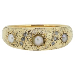 Antique Victorian Three-Stone Pearl and Diamond Ring