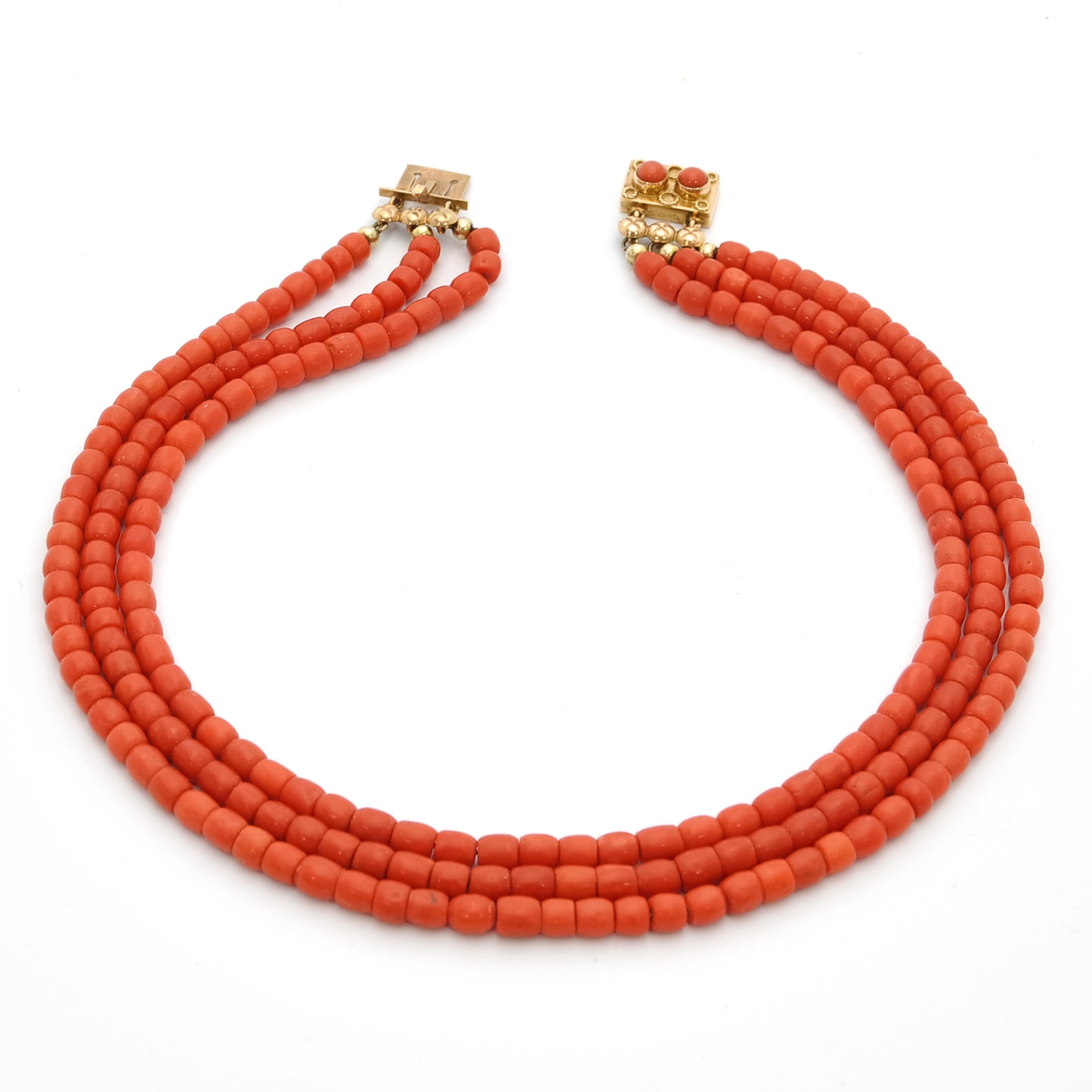 14 Karat Gold Coral Multi-Strand Beaded Necklace For Sale 2