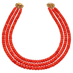 Victorian Three Strand Red Coral Choker Necklace with 14K Gold Clasp