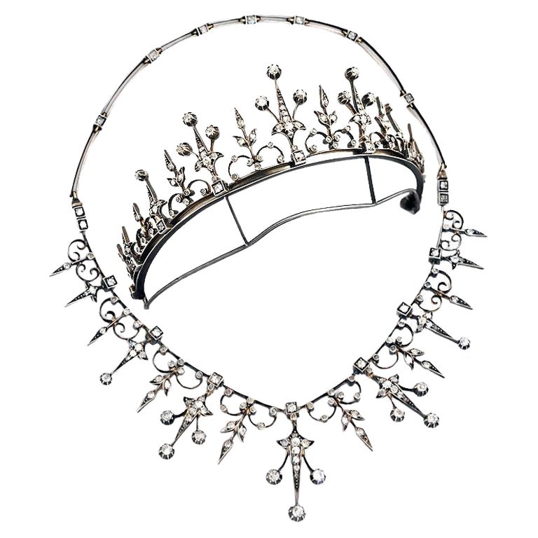 Viktorianische Tiara-Halskette mit Transformer-Diamanten aus 7 Karat Gold, 1890