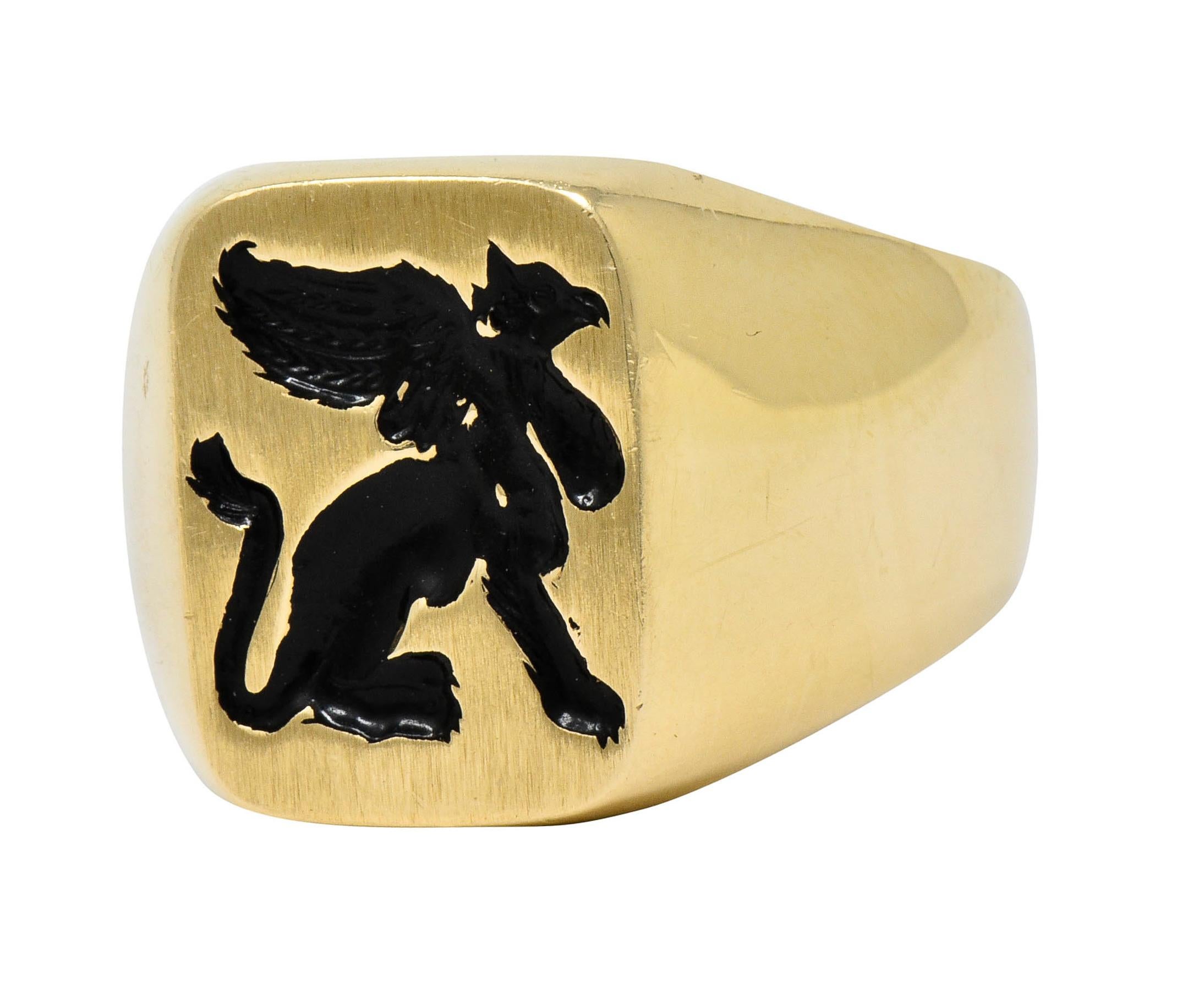 Victorian Tiffany & Co. Enamel 14 Karat Gold Unisex Gryphon Signet Ring In Excellent Condition In Philadelphia, PA