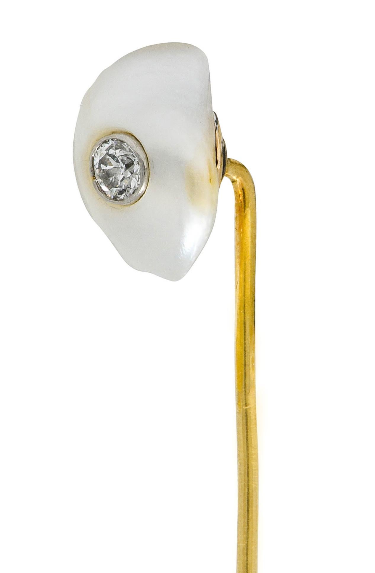 Round Cut Victorian Tiffany & Co. Baroque Pearl Diamond Platinum 18 Karat Gold Stickpin
