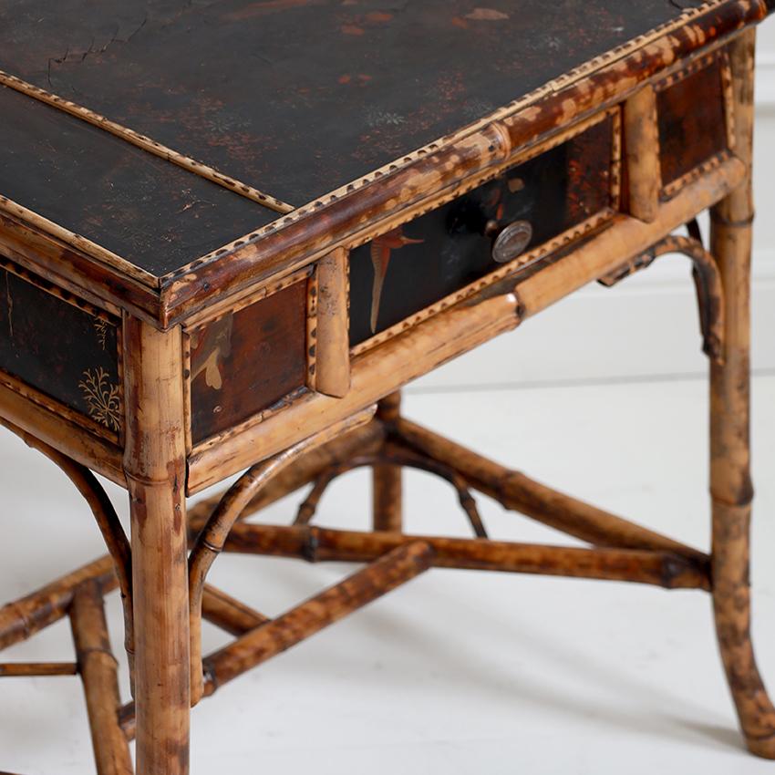 Hand-Painted Victorian Tiger Bamboo and Lacquered Desk For Sale