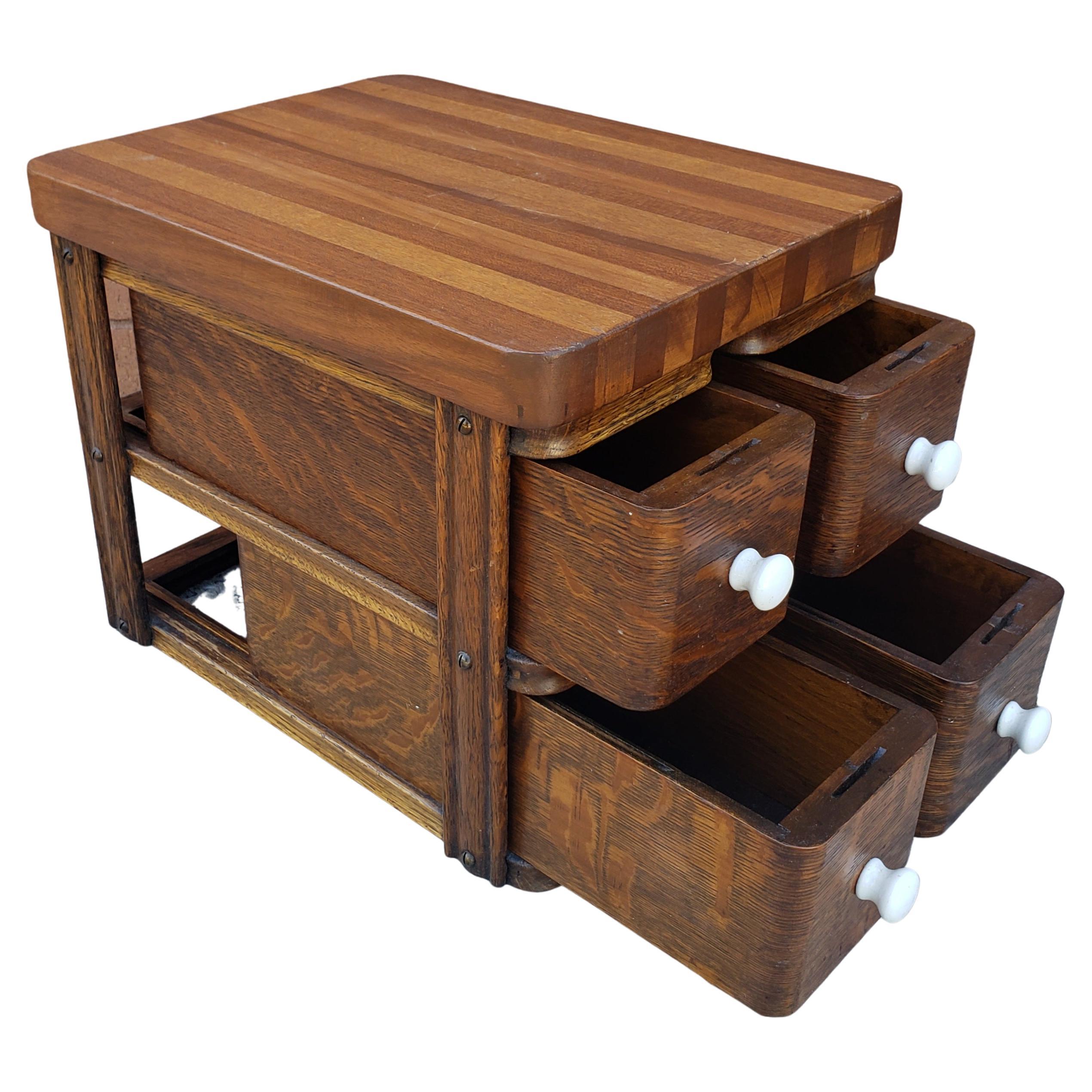 American Victorian Tiger Oak Parquetry Sewing or Desk Top Chest of Drawers For Sale