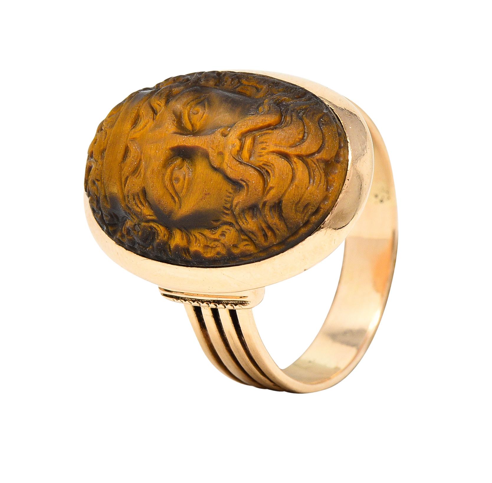 Victorian Tiger's Eye 14 Karat Rose Gold Carved Hercules Cameo Antique Ring 3