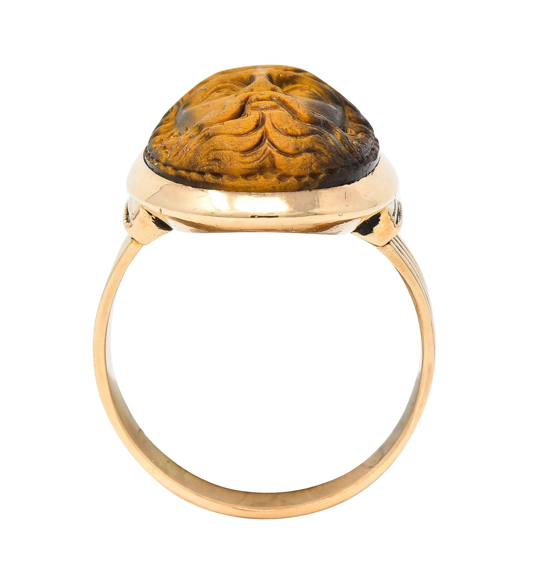 Victorian Tiger's Eye 14 Karat Rose Gold Carved Hercules Cameo Antique Ring 4