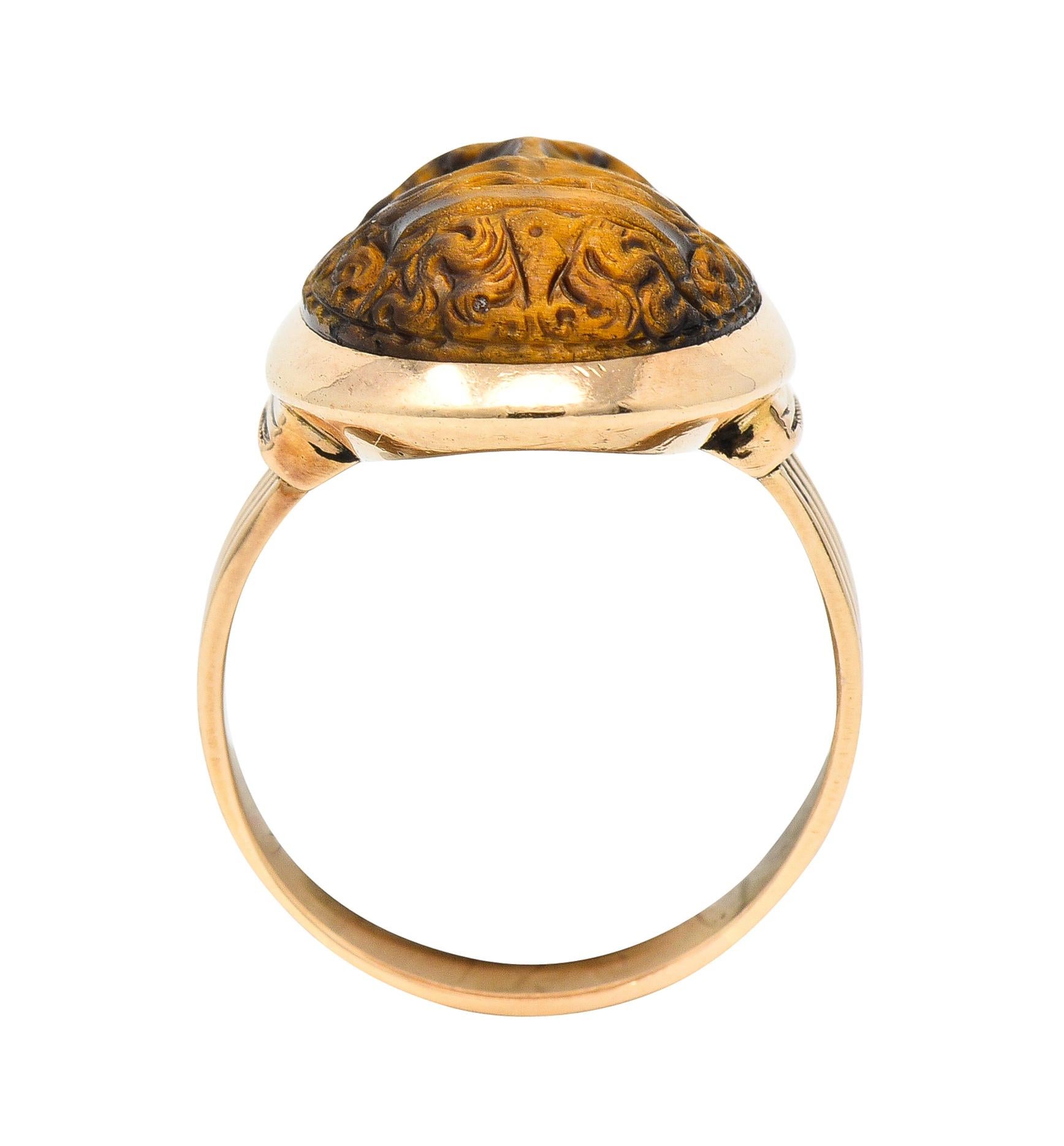 Victorian Tiger's Eye 14 Karat Rose Gold Carved Hercules Cameo Antique Ring 5