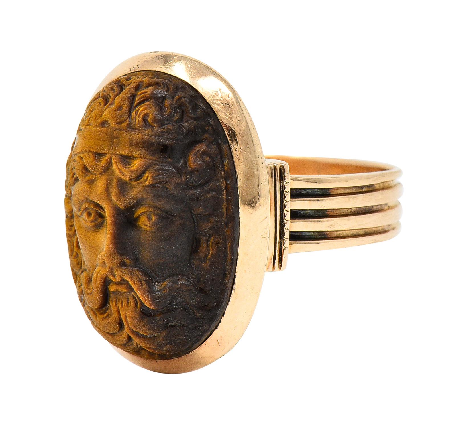 Victorian Tiger's Eye 14 Karat Rose Gold Carved Hercules Cameo Antique Ring In Excellent Condition In Philadelphia, PA