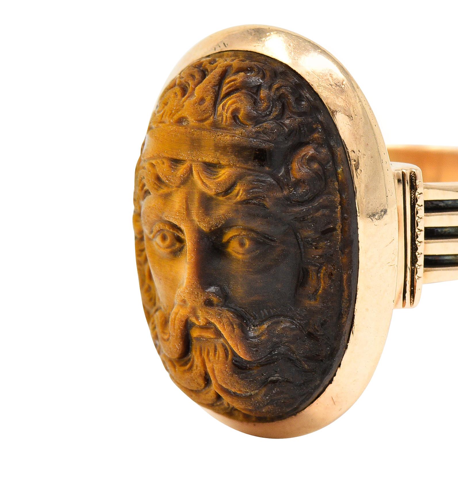 Women's or Men's Victorian Tiger's Eye 14 Karat Rose Gold Carved Hercules Cameo Antique Ring