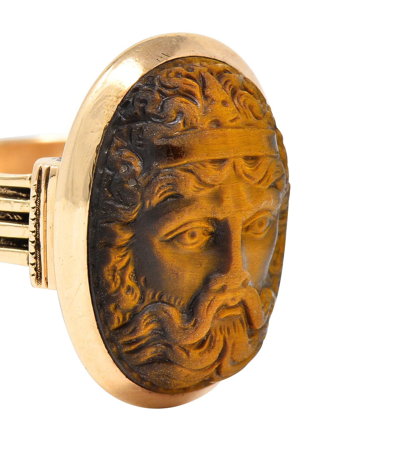 Victorian Tiger's Eye 14 Karat Rose Gold Carved Hercules Cameo Antique Ring 1