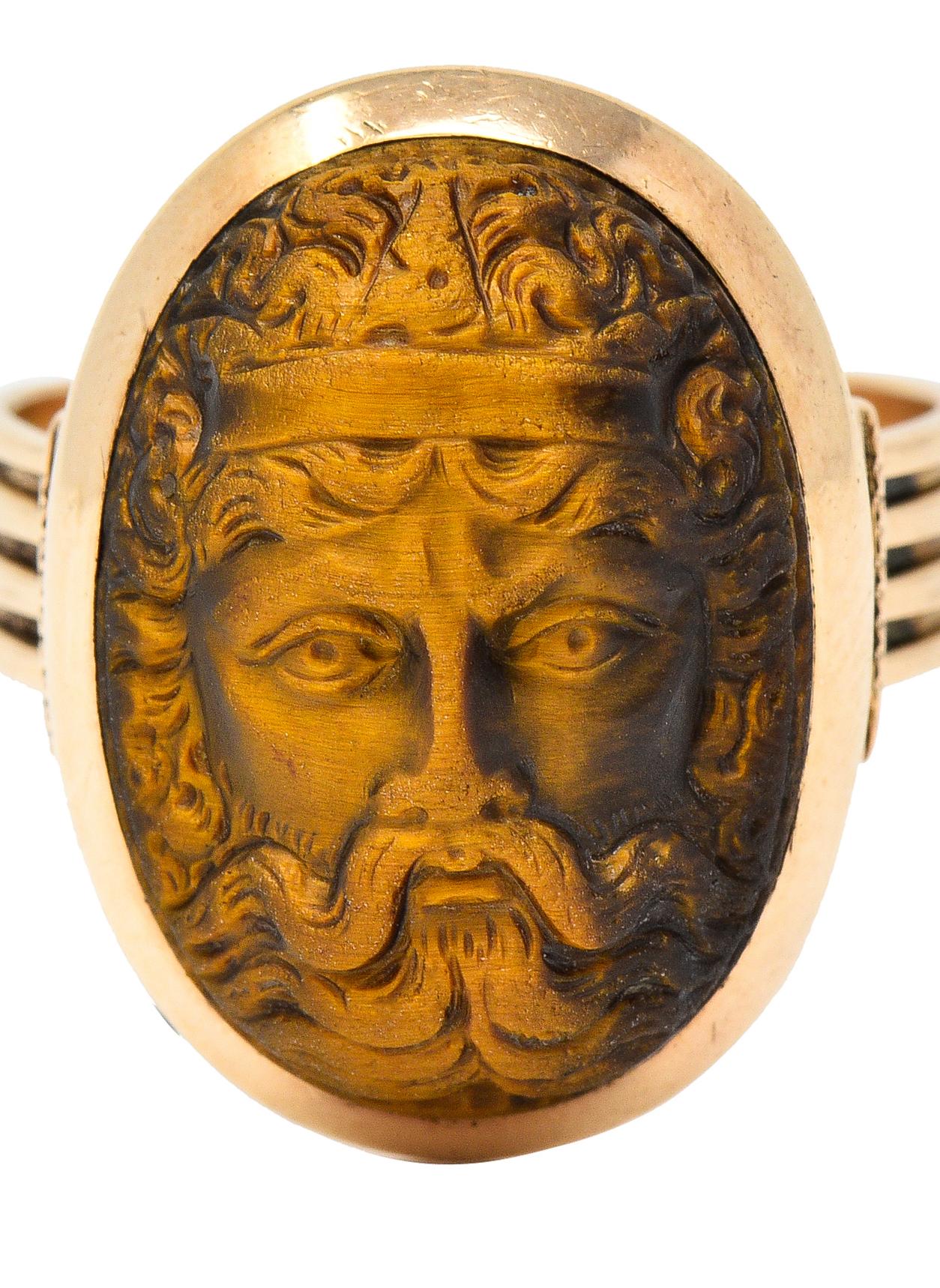 Victorian Tiger's Eye 14 Karat Rose Gold Carved Hercules Cameo Antique Ring 2