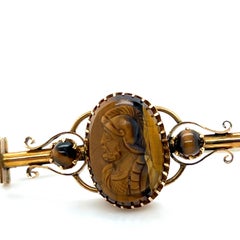 Victorian Tigers Eye Cameo 14K Yellow Gold  Brooch 1870s