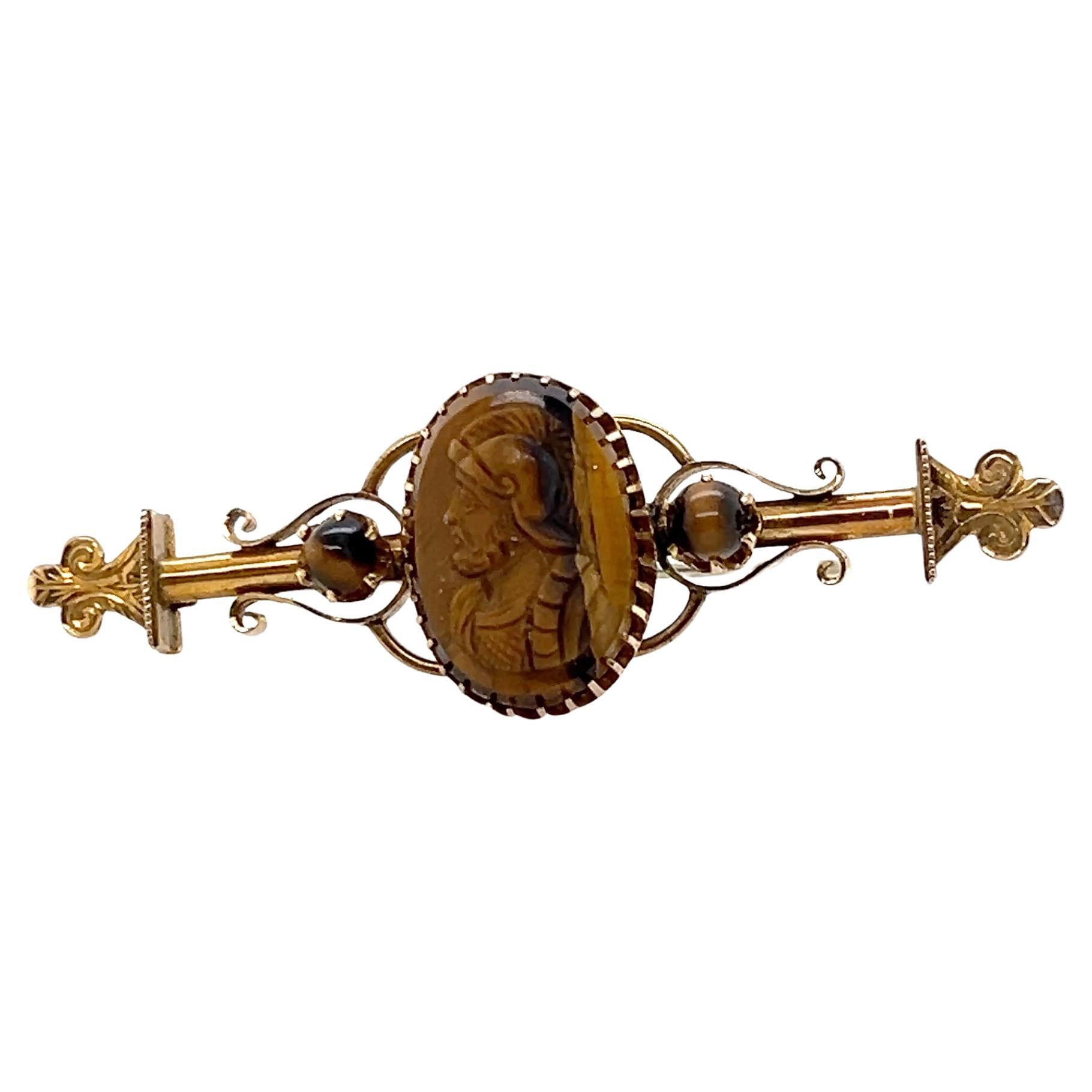 Camée Victorien Oeil de Tigre Or Jaune 14K Broche 1870