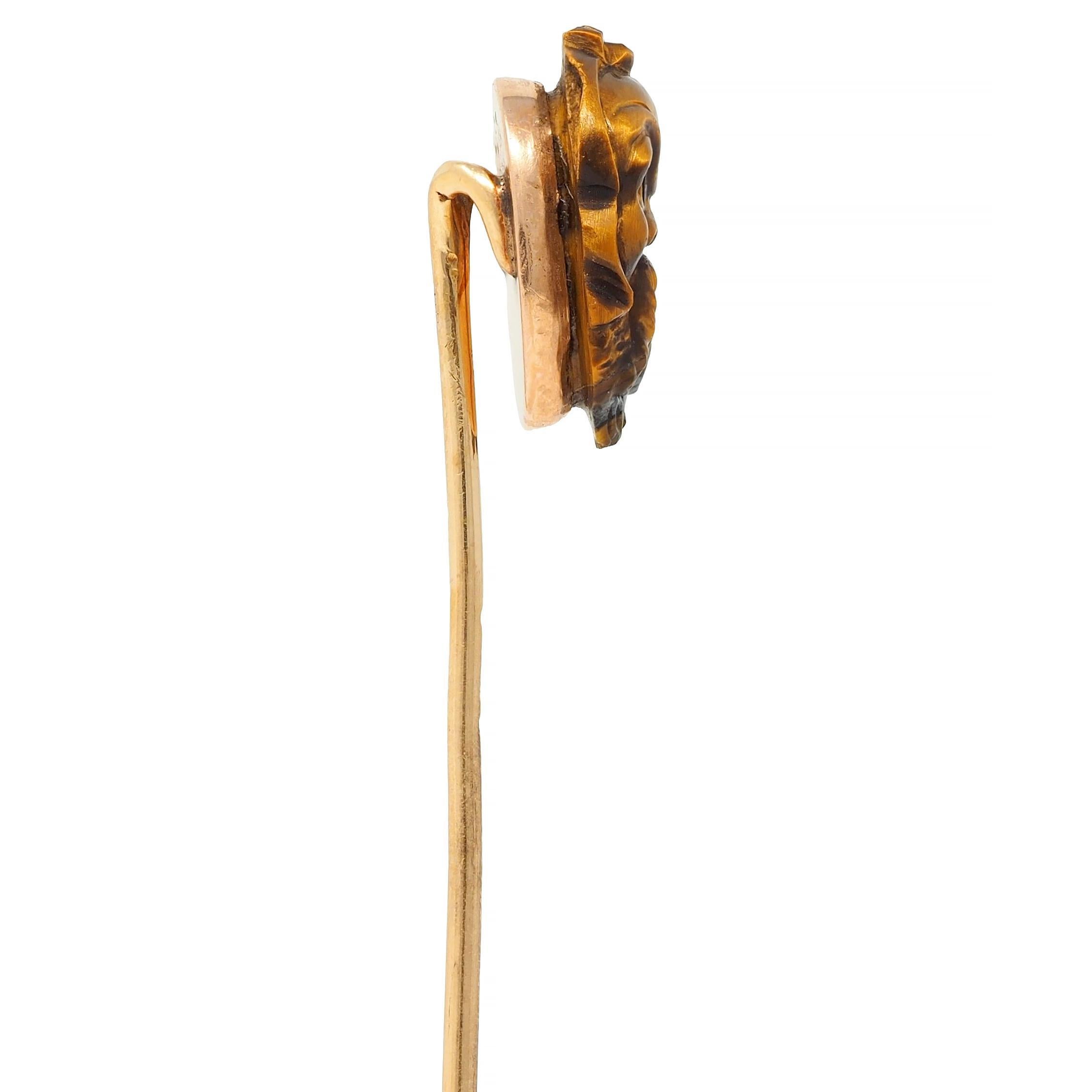 Mixed Cut Victorian Tiger's Eye Diamond 14K Gold Antique Japanese Kabuki Mask Stickpin For Sale