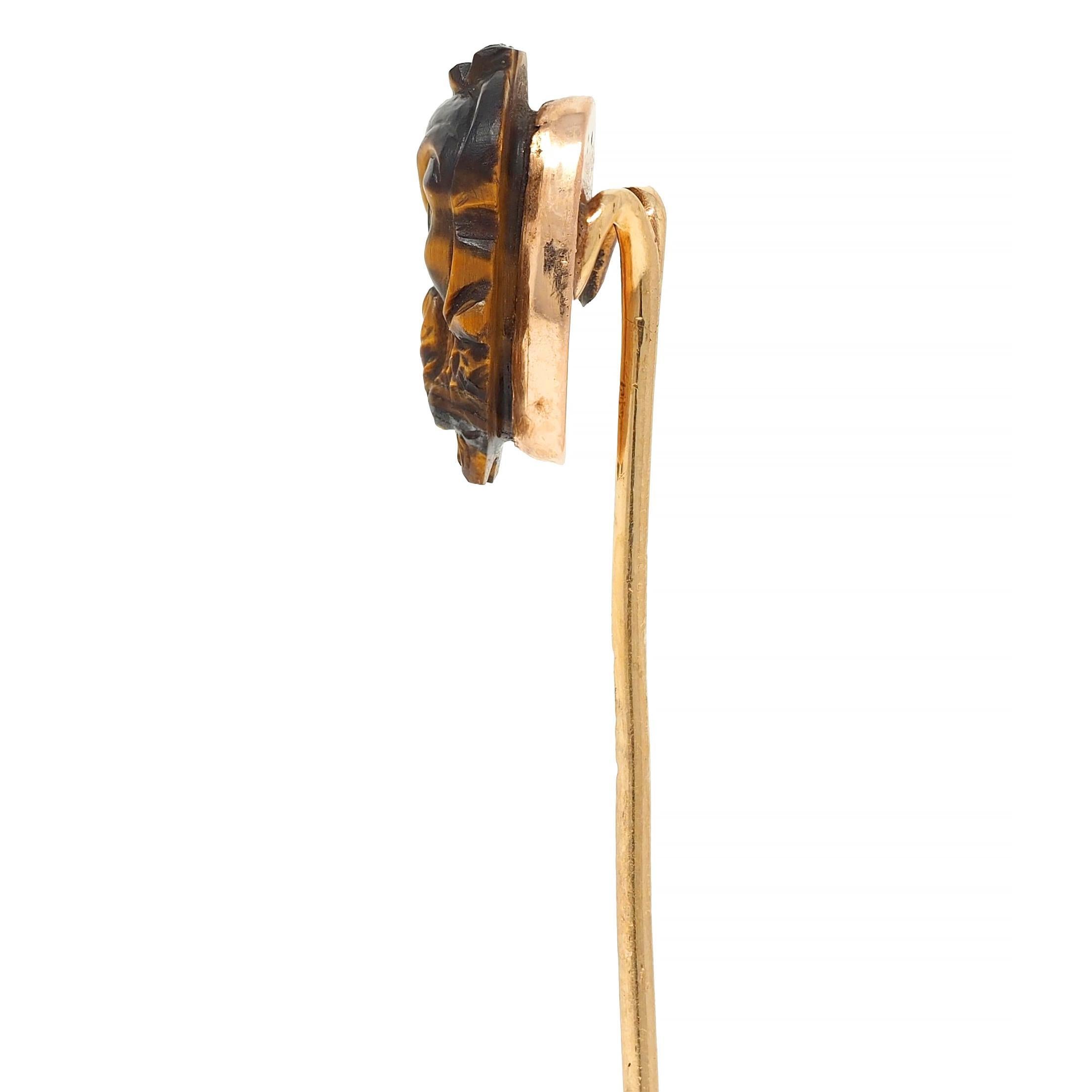 Victorian Tiger's Eye Diamond 14K Gold Antique Japanese Kabuki Mask Stickpin In Excellent Condition For Sale In Philadelphia, PA