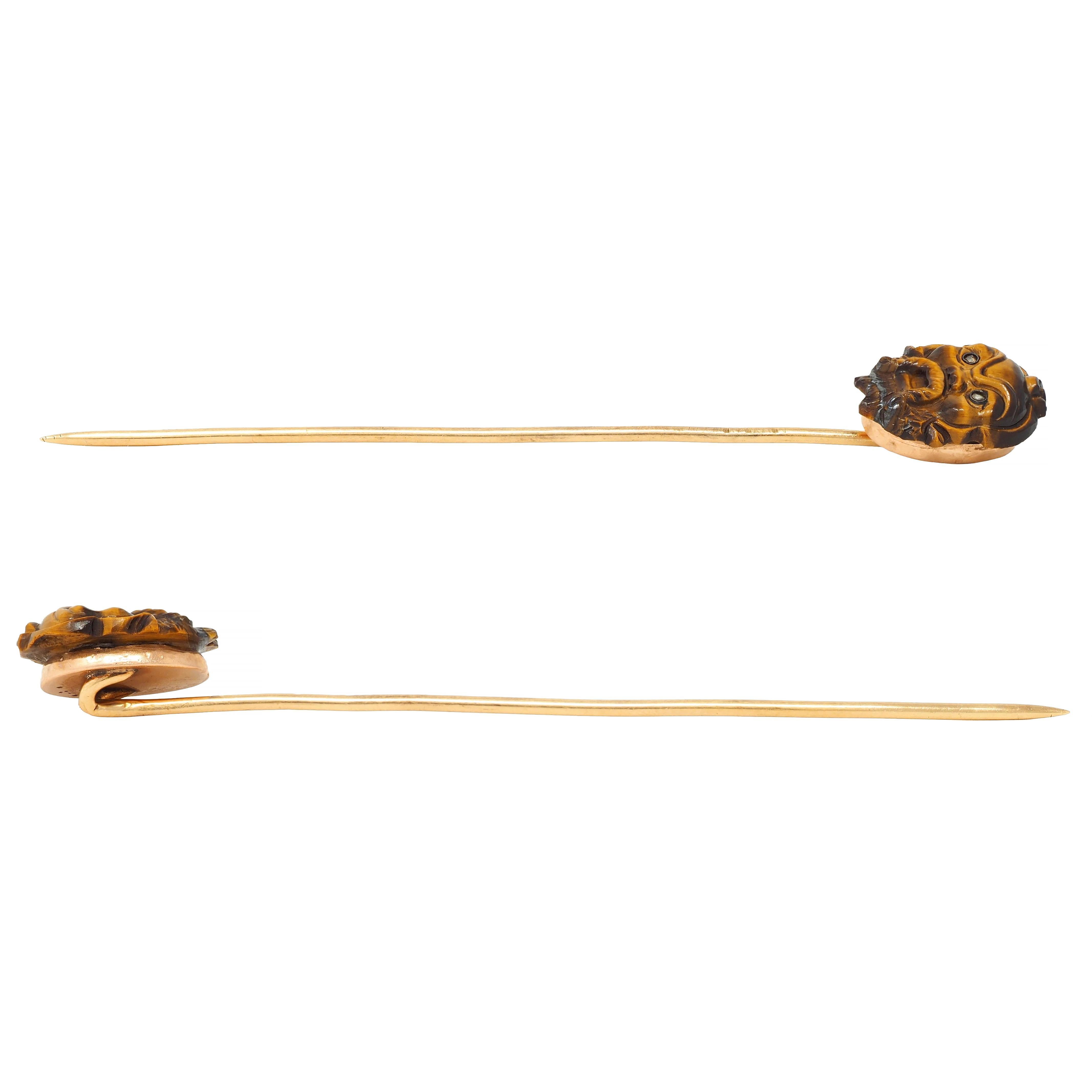 Women's or Men's Victorian Tiger's Eye Diamond 14K Gold Antique Japanese Kabuki Mask Stickpin For Sale