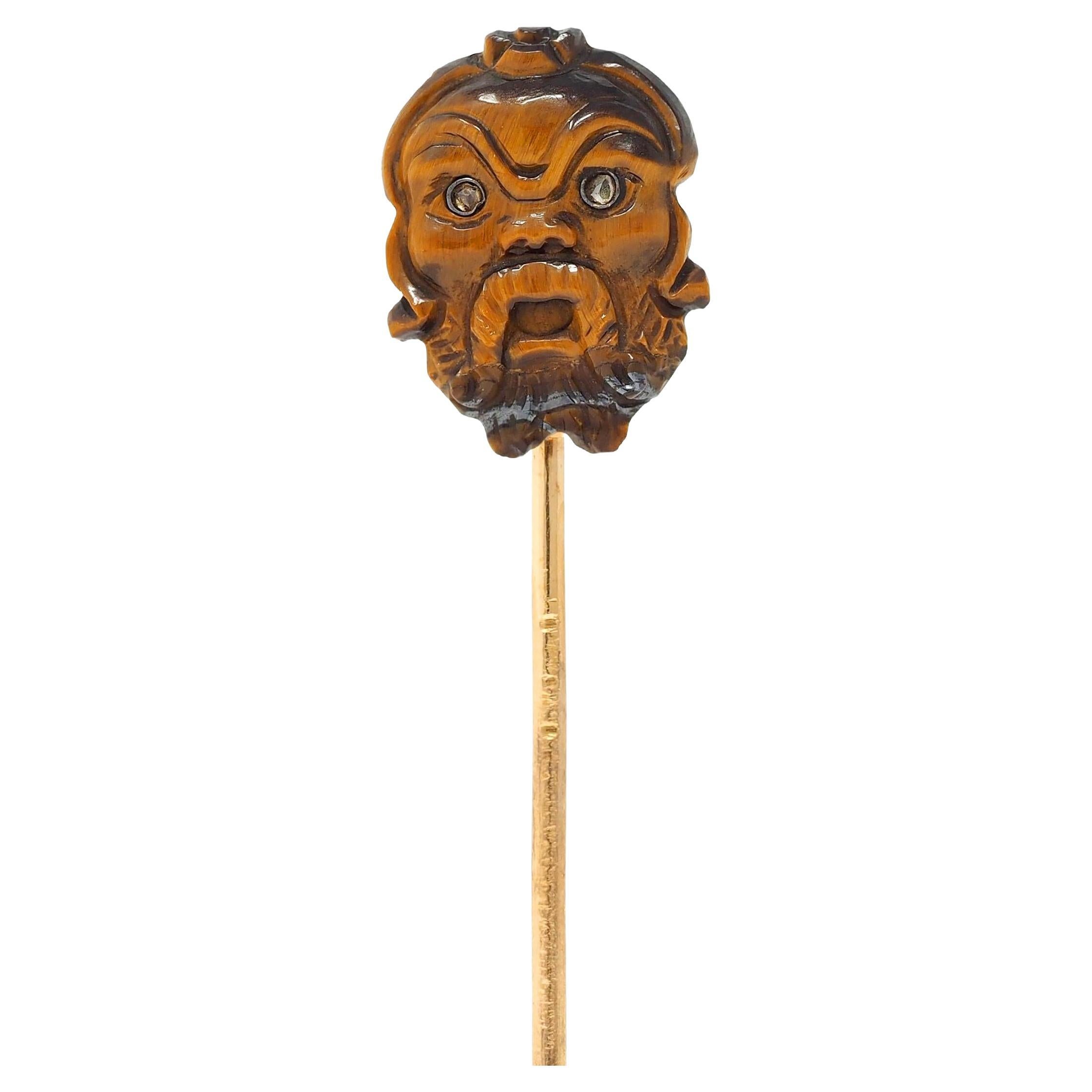 Victorian Tiger's Eye Diamond 14K Gold Antique Japanese Kabuki Mask Stickpin