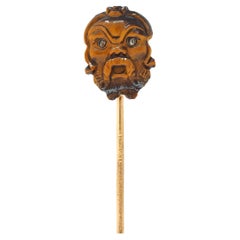 Victorian Tiger's Eye Diamond 14K Gold Antique Japanese Kabuki Mask Stickpin
