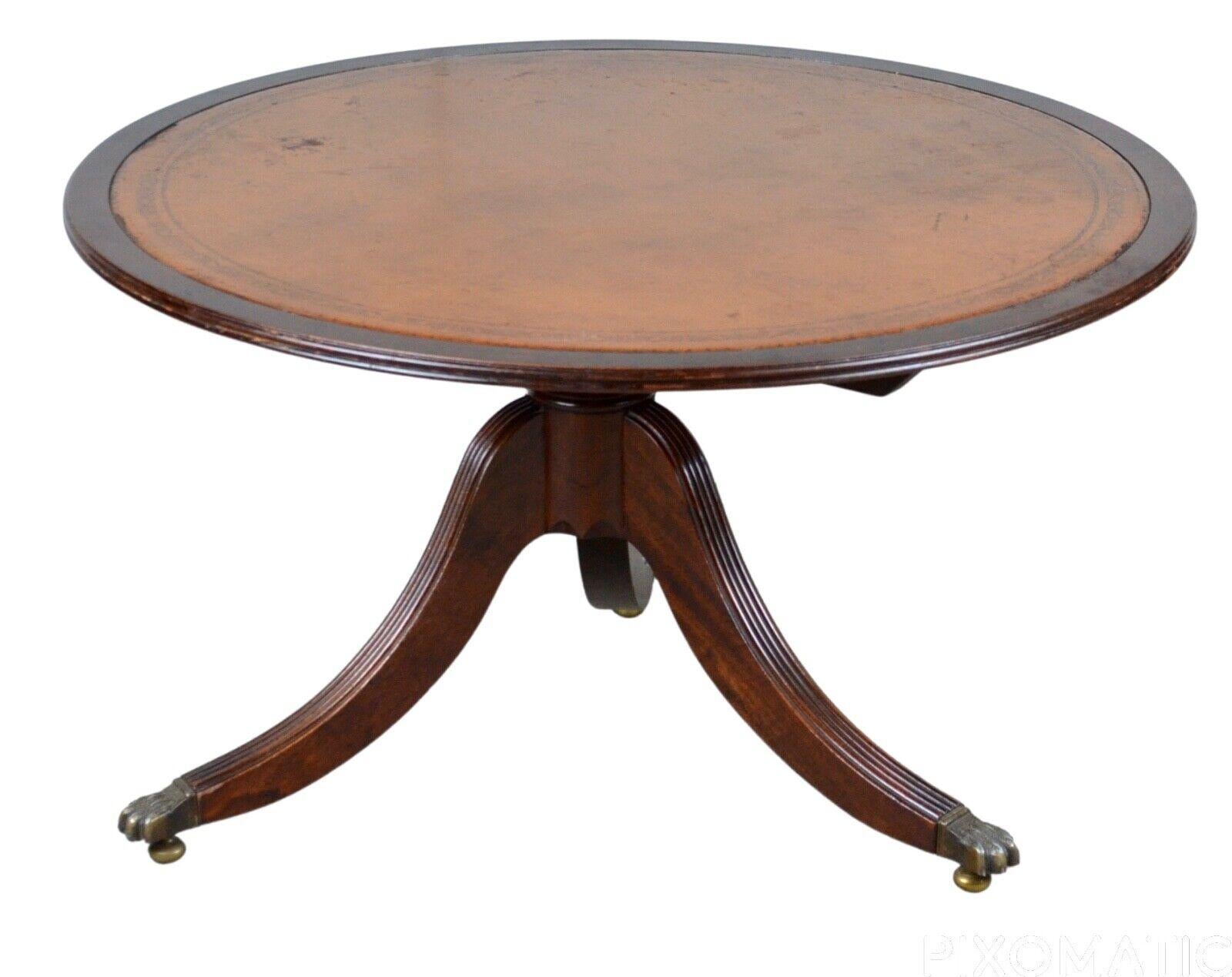 English Victorian Tilt-Top Brown Leather Coffee Table Carved Tripod Base Lion Castors For Sale
