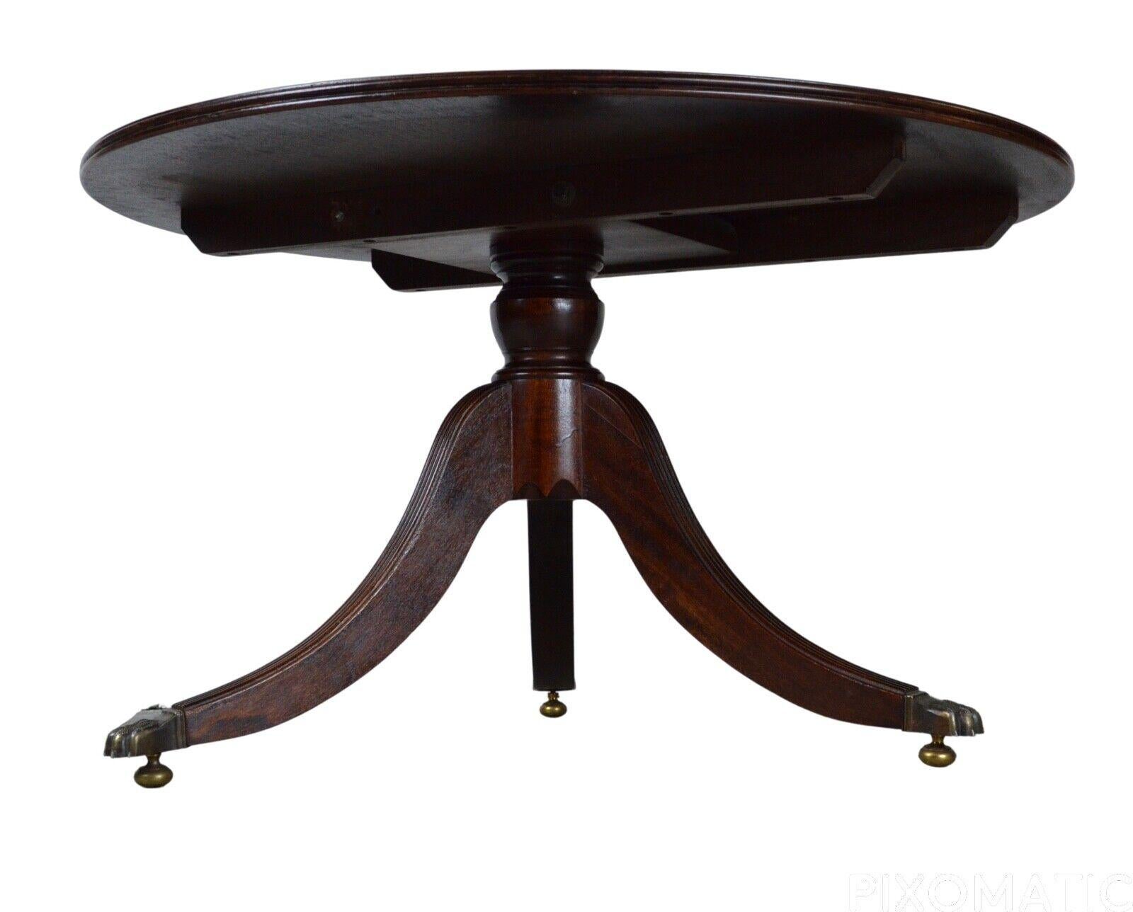 Hand-Crafted Victorian Tilt-Top Brown Leather Coffee Table Carved Tripod Base Lion Castors For Sale