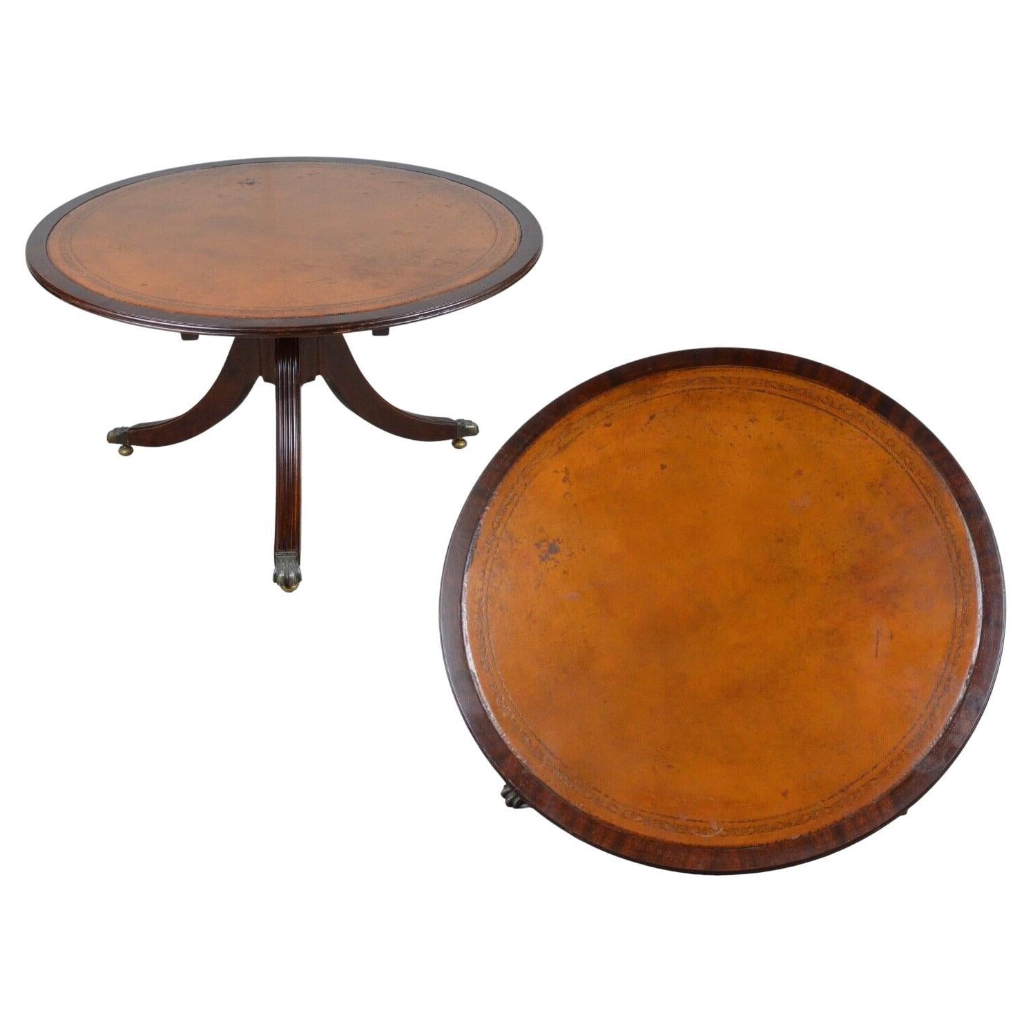 Victorian Tilt-Top Brown Leather Coffee Table Carved Tripod Base Lion Castors For Sale