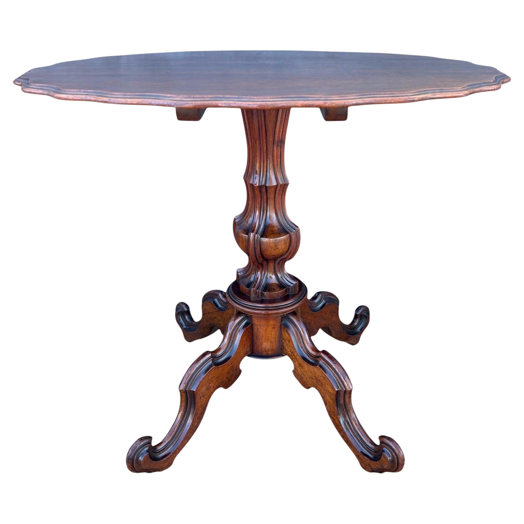 Victorian Tilt-Top Rotating Pedestal Table with Scalloped Edge, 1920s