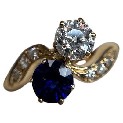Anillo Victoriano Toi et Moi Zafiro y Diamante Oro 14k Talla 6