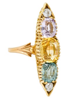 Victorian Topaz Tourmaline Diamond 14 Karat Gold Five-Stone Dinner Navette Ring