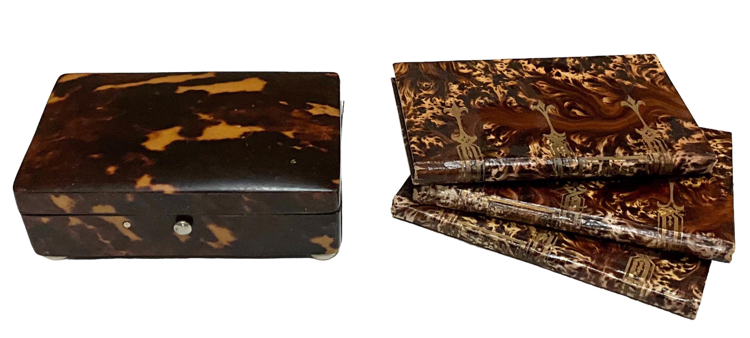 19th Century Victorian Tortoise Shell Desk Box W/  3 Italian Faux Tortoise Leather Books For Sale
