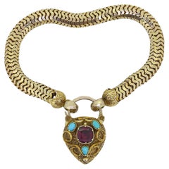 Used Victorian Tourmaline and Turquoise Padlock Bracelet