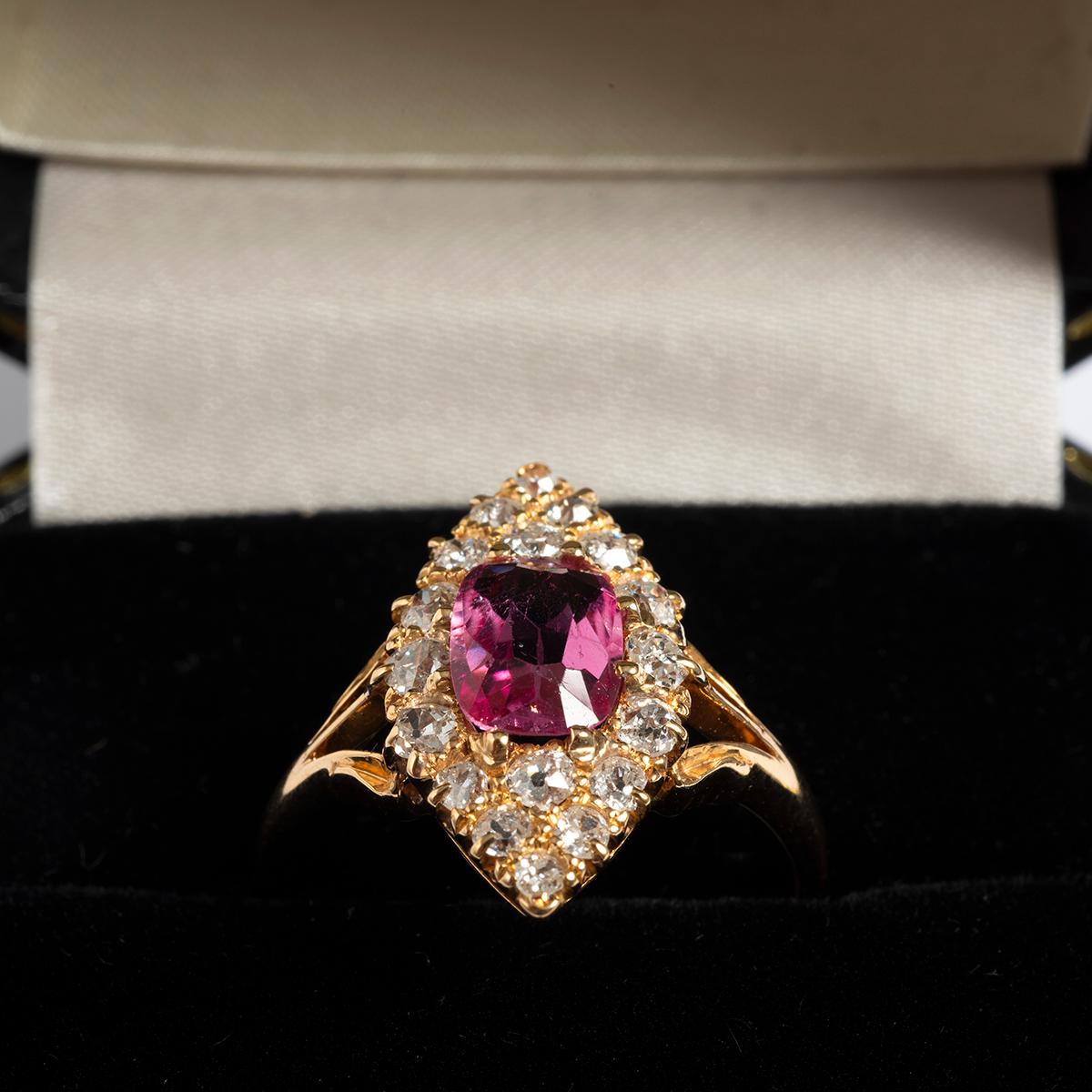Victorian Tourmaline (est 1.14ct) & Diamond (est .60ct) Cluster Ring, Yr 1890.. In Excellent Condition For Sale In Canterbury, GB