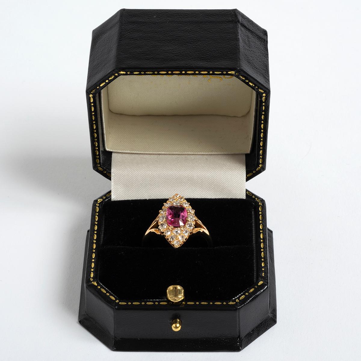 Women's or Men's Victorian Tourmaline (est 1.14ct) & Diamond (est .60ct) Cluster Ring, Yr 1890.. For Sale