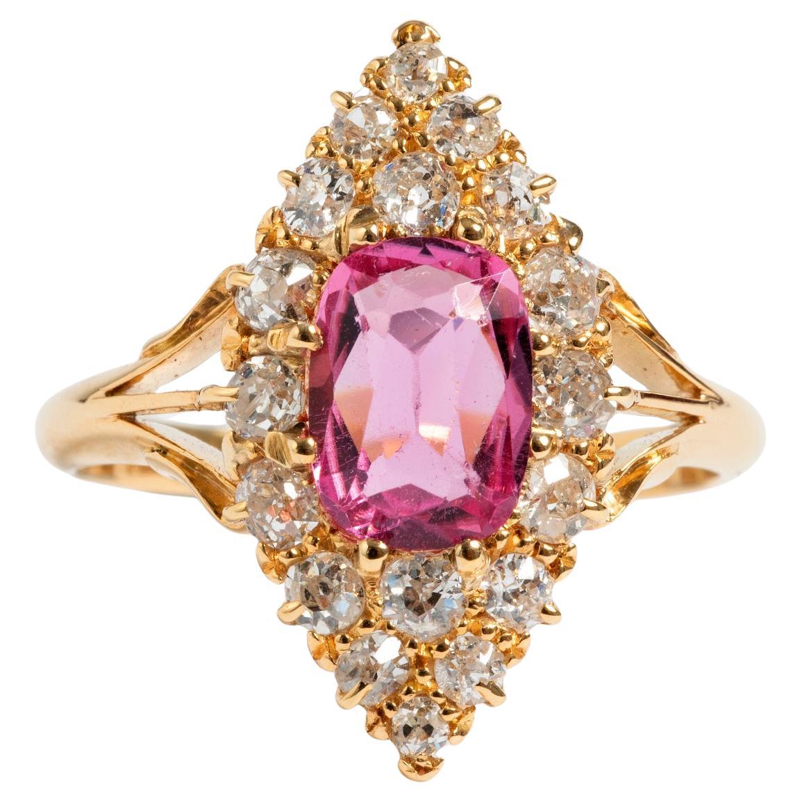 Victorian Tourmaline (est 1.14ct) & Diamond (est .60ct) Cluster Ring, Yr 1890.. For Sale