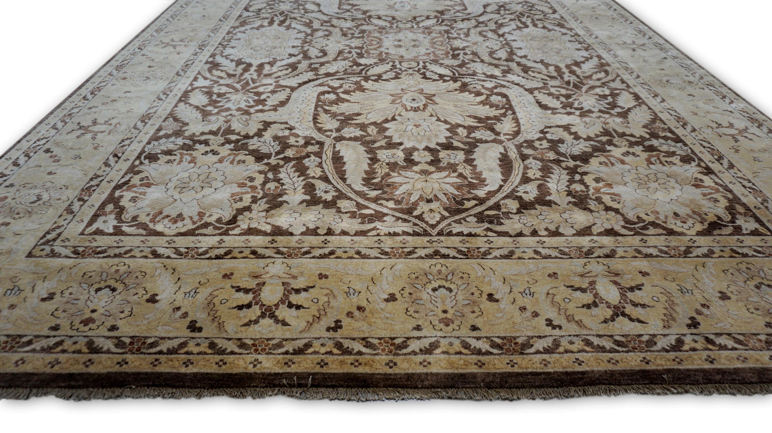 Alfombra Victoriana Tradicional de Lana Floral Marrón y Beige 9'10''x14' Pakistaní en venta