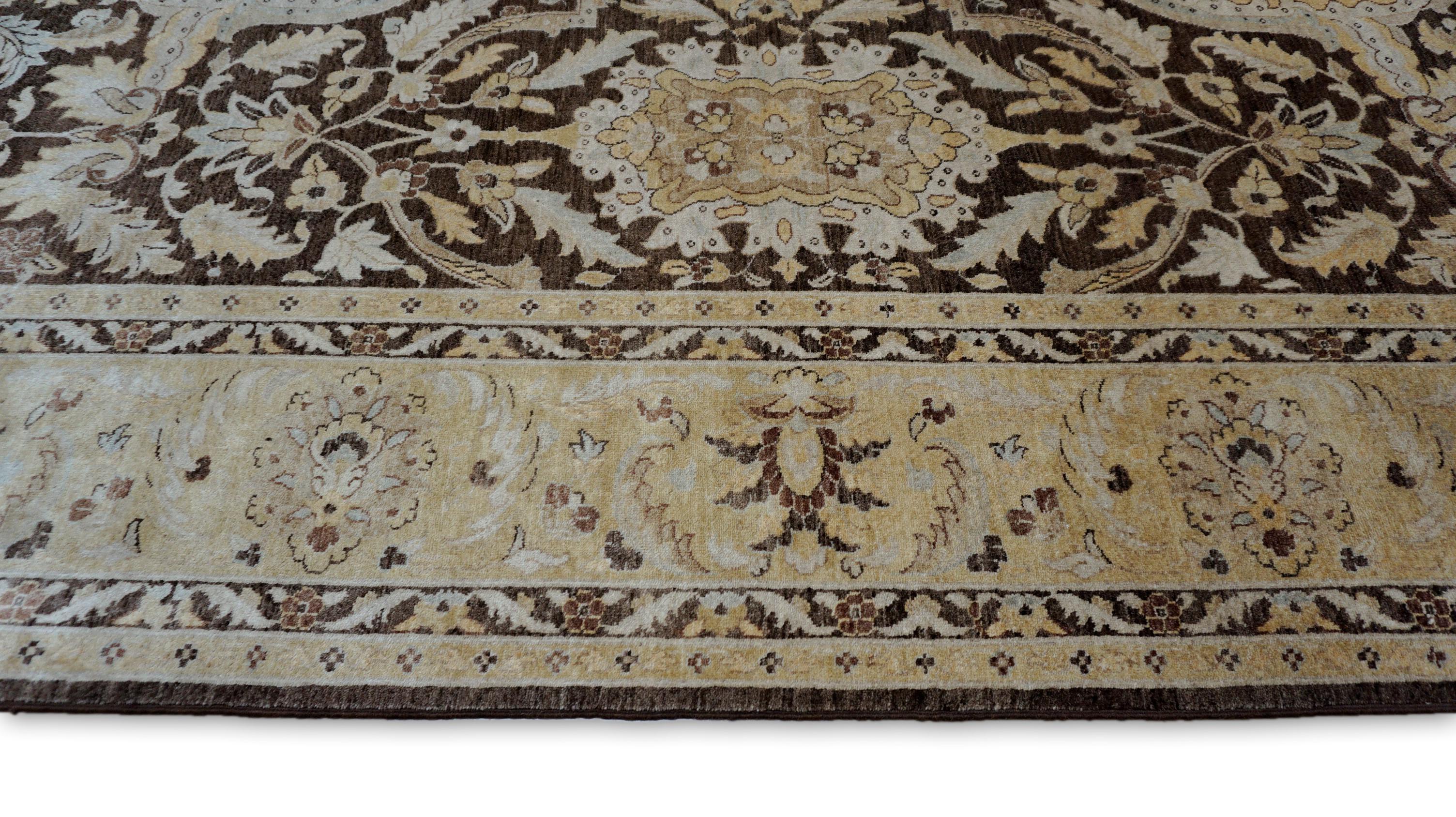 Alfombra Victoriana Tradicional de Lana Floral Marrón y Beige 9'10''x14' Anudado a mano en venta