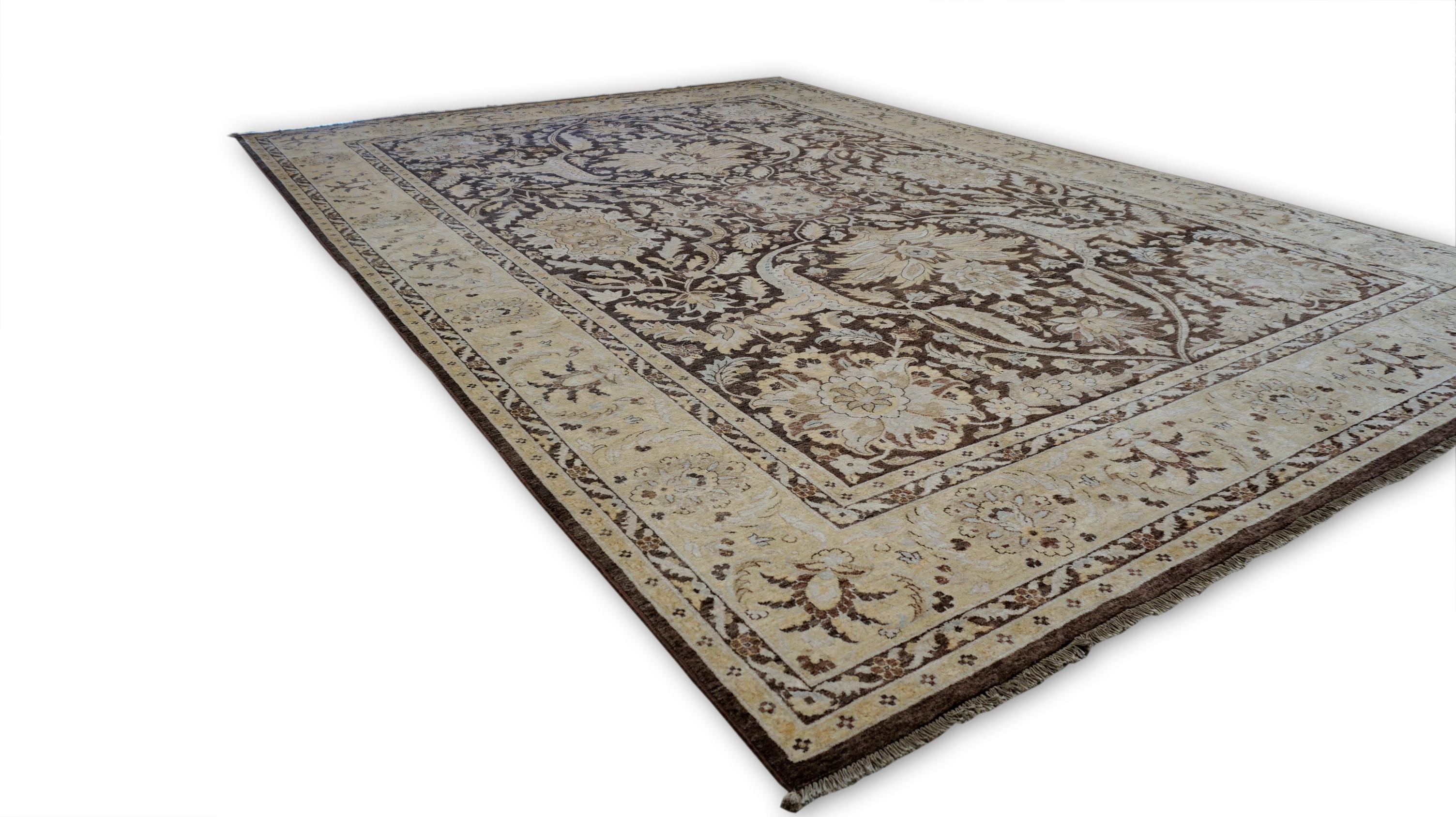 Alfombra Victoriana Tradicional de Lana Floral Marrón y Beige 9'10''x14' en venta 2