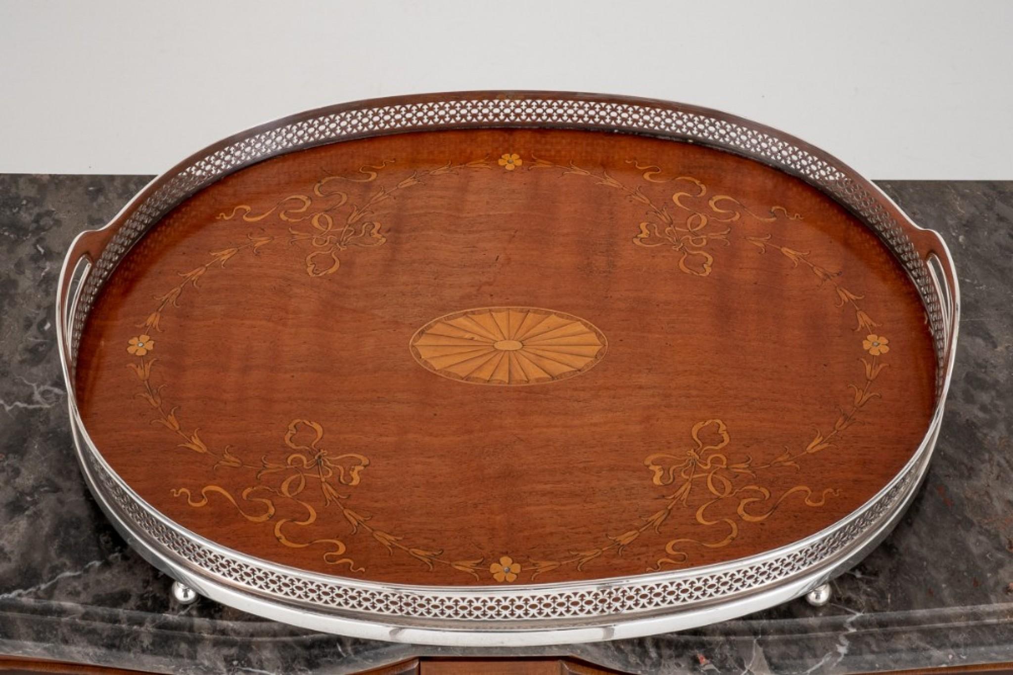 19th Century Victorian Tray Silver Plate Inlay Butlers Platter, 1900