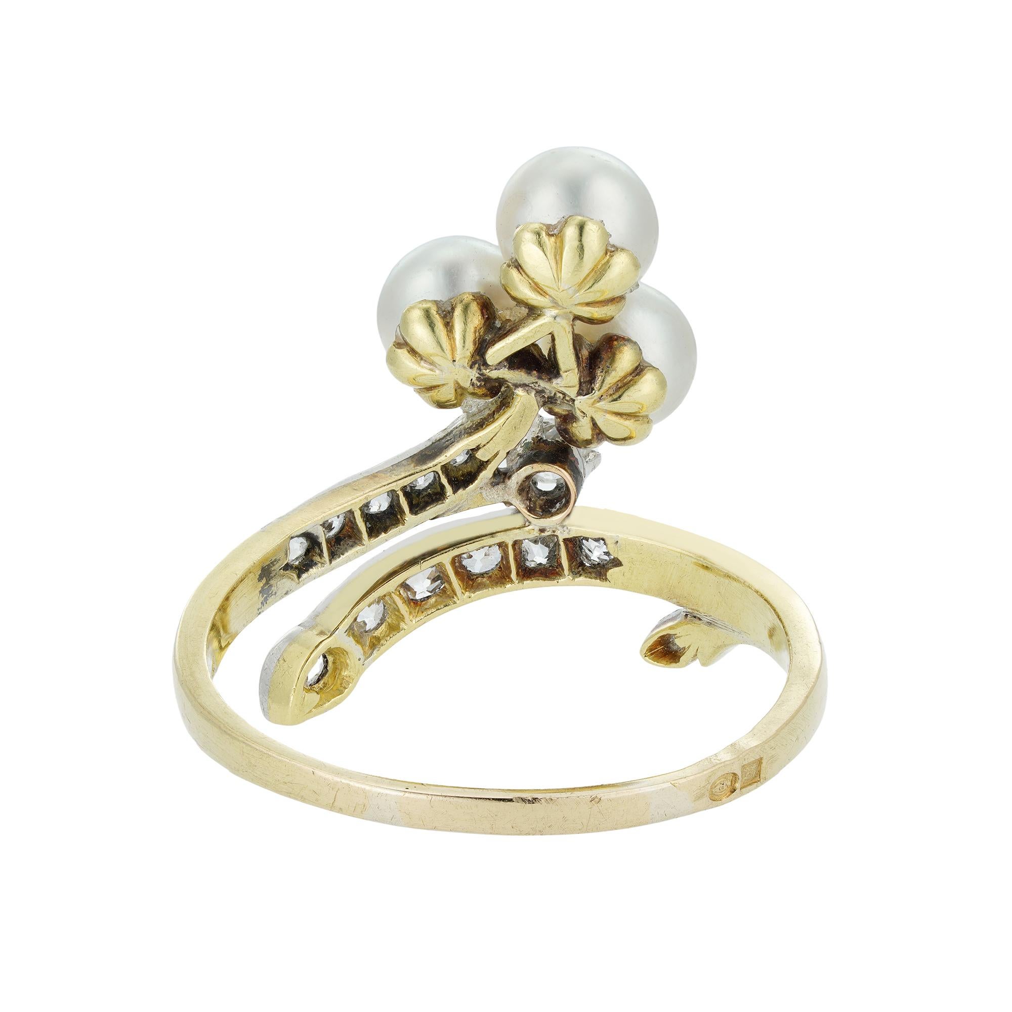 Brilliant Cut Victorian Trefoil Pearl and Diamond Cross-Over Ring For Sale