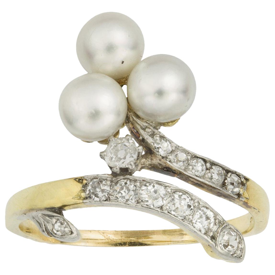 Victorian Trefoil Pearl and Diamond Cross-Over Ring For Sale
