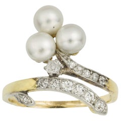 Vintage Victorian Trefoil Pearl and Diamond Cross-Over Ring