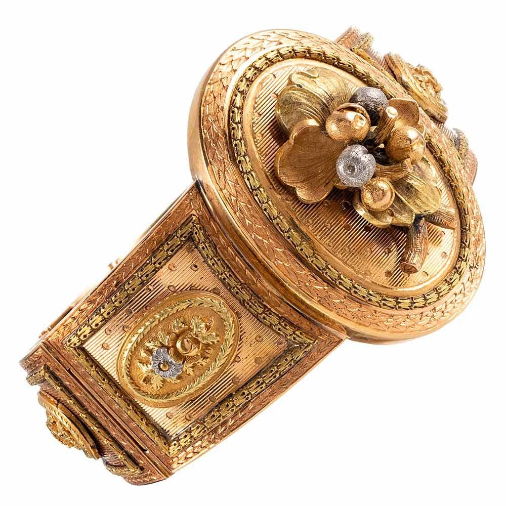 This exceptional Victorian creation is made of 18 karat yellow, white and rose gold. The impressive craftsmanship tells the tale of the nearly lost art of truly hand making jewelry during a time where it might have taken a month or longer to render